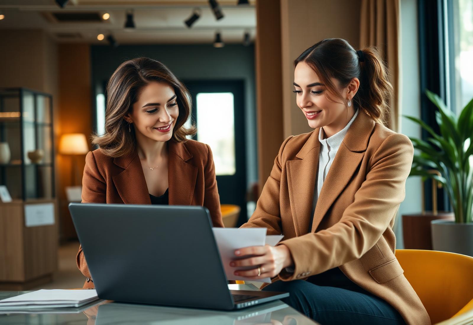 Contadora atendendo microempreendedora em escritório moderno